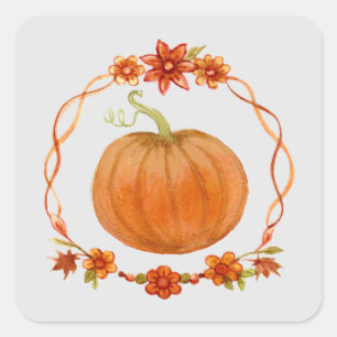 Pegatina Cuadrada Acuarela de calabaza otoño