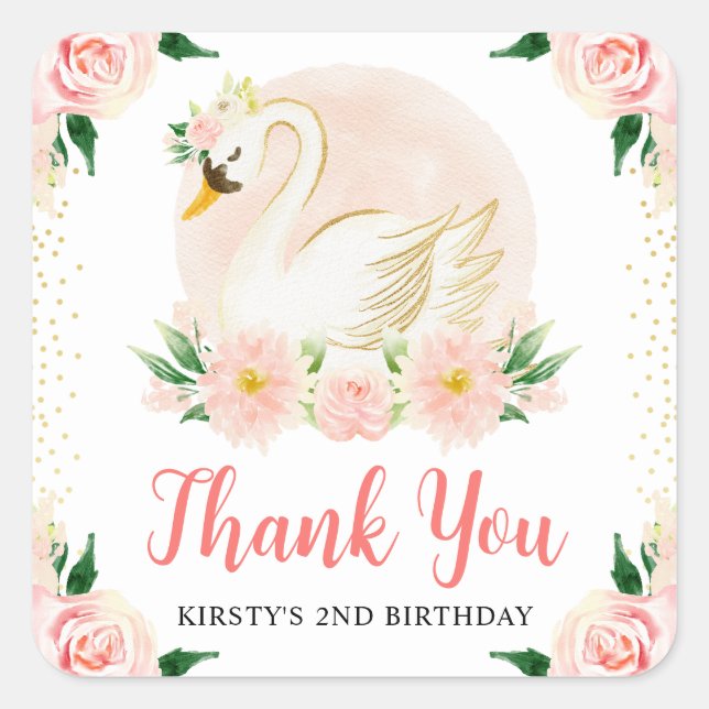 Pegatina Cuadrada Acuarela de flores rosadas y cumpleaños de cisne (Anverso)
