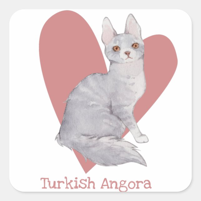 Pegatina Cuadrada Acuarela de gato angora turca Corazón rosa gitano (Anverso)