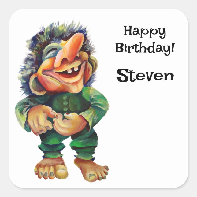 Pegatina Cuadrada Acuarela de Ilustracion de Troll divertida en Esca (Anverso)