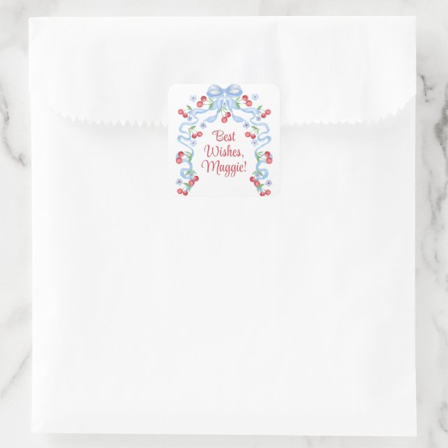 Pegatina Cuadrada Acuarela de lazos de cereza grandmillennial (Bolso)