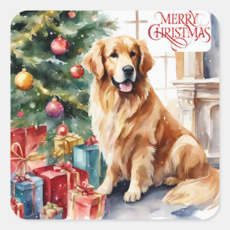 Pegatina Cuadrada acuarela de Navidades de Golden Retriever