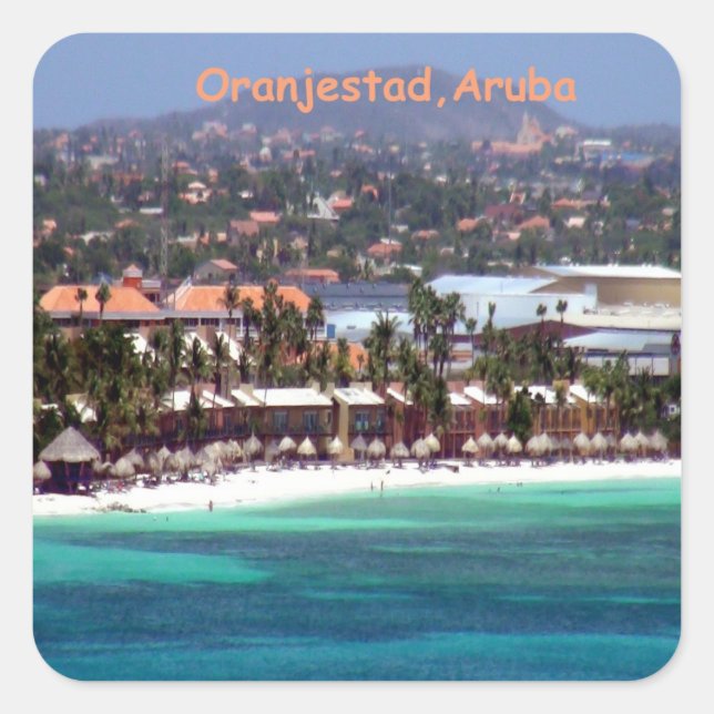 Pegatina Cuadrada Acuarela de Oranjestad, Aruba (Anverso)