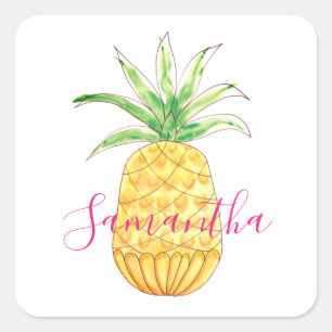 Pegatina Cuadrada Acuarela de piña tropical personalizada