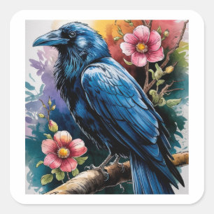 Pegatina Cuadrada Acuarela de Raven y Rosas