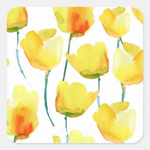 Pegatina Cuadrada Acuarela de Tulipanes Coloridos: Ilustración Perfe