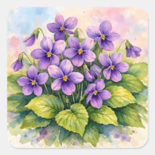 Pegatina Cuadrada Acuarela de violetas púrpuras floreciendo