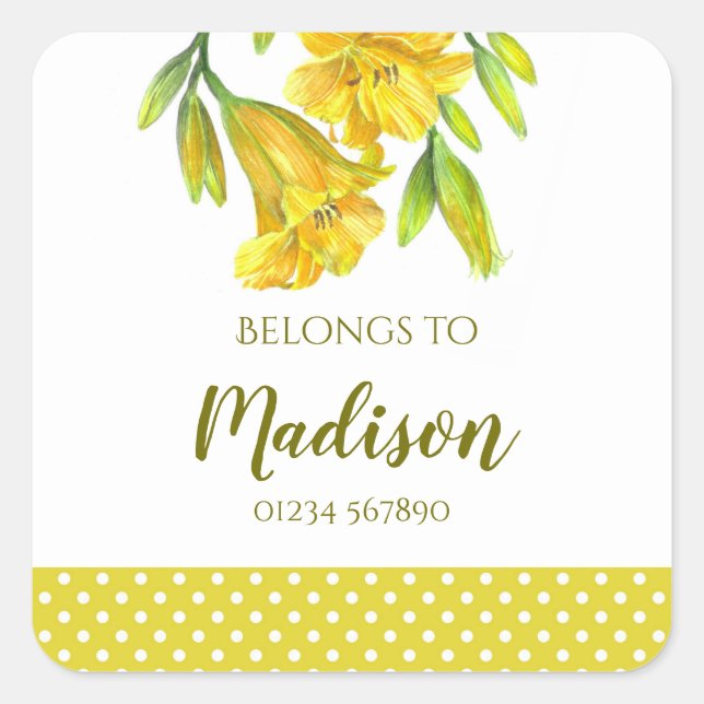 Pegatina Cuadrada Acuarela Día Amarillo Lilies Arte Floral (Anverso)