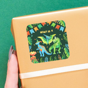 Pegatina Cuadrada Acuarela Dinosaurios Boys Cumpleaños