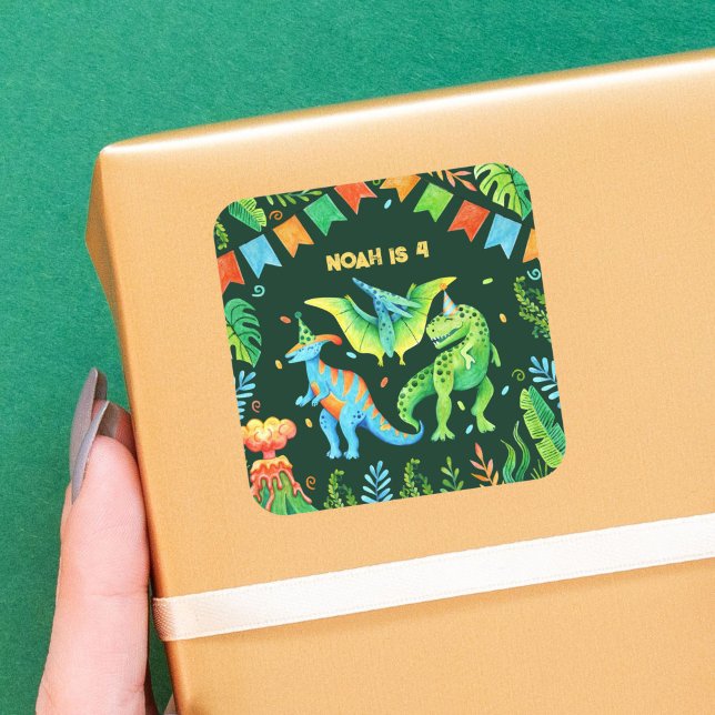 Pegatina Cuadrada Acuarela Dinosaurios Boys Cumpleaños (Watercolor Dinosaurs Boys Birthday Square Sticker)