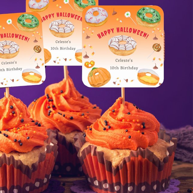 Pegatina Cuadrada Acuarela Donut-licioso Candy de Halloween Gracias (A great sticker to add to your Halloween Cupcakes, favor bags, candy bags.)