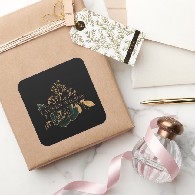 Pegatina Cuadrada Acuarela Dorado Esmeralda Elegante Floral (Regalar)