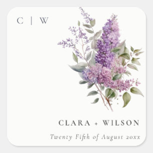 Pegatina Cuadrada Acuarela Dusky Lilac Cottage Boda Floral