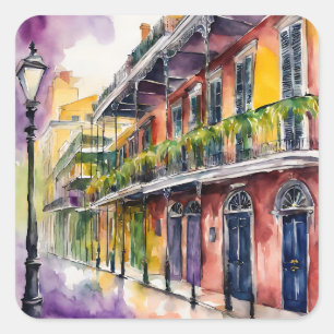 Pegatina Cuadrada Acuarela estética Mardi Gras Bourbon Street