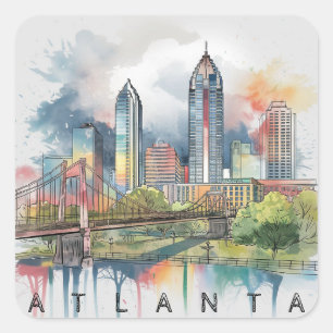 Pegatina Cuadrada Acuarela Estilizada de Atlanta Georgia Moderna