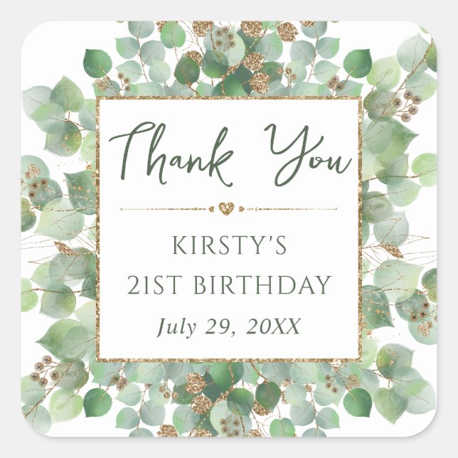 Pegatina Cuadrada Acuarela Eucalyptus Foliage Cumpleaños (Anverso)