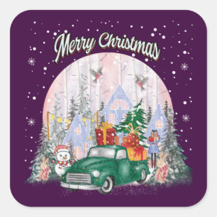Pegatina Cuadrada Acuarela Feliz Navidad, Auto De Regalos