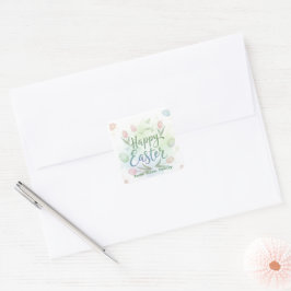 Pegatina Cuadrada Acuarela Feliz Pascua con Letra a Mano
