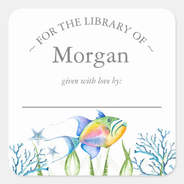 Pegatina Cuadrada Acuarela Flora de peces tropicales (Anverso)