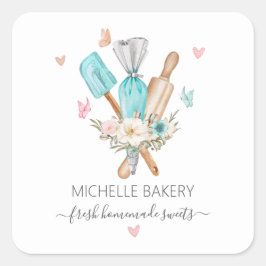 Pegatina Cuadrada Acuarela Floral Baking utensilios de panadería