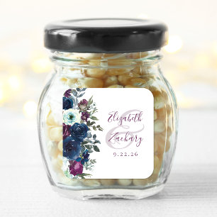 Pegatina Cuadrada Acuarela Floral Ciruela Azul Marino Boda