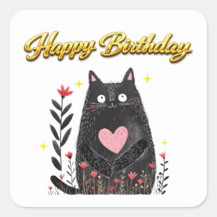 Pegatina Cuadrada Acuarela Floral Gato Negro Corazón Rosa Cumpleaños