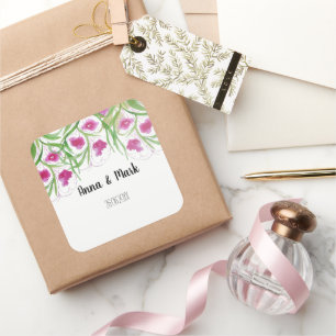 Pegatina Cuadrada Acuarela floral rosa pintada a mano