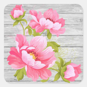 Pegatina Cuadrada Acuarela Floral Rústica Peonía Rosa Madera Gris