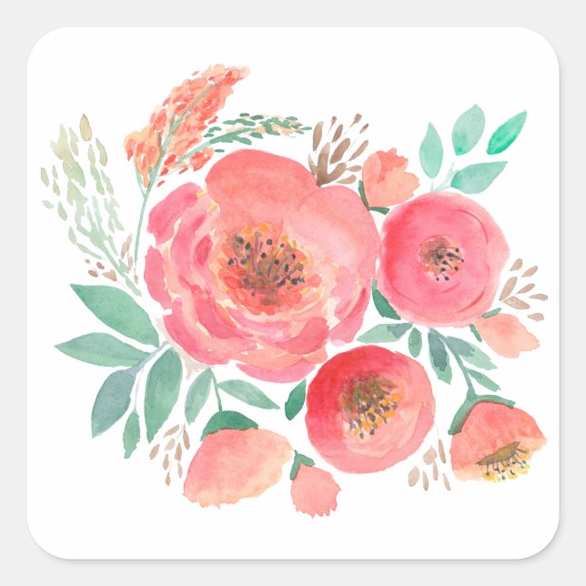 Pegatina Cuadrada Acuarela, flores. (Anverso)