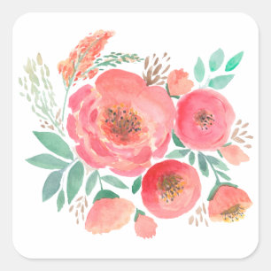 Pegatina Cuadrada Acuarela, flores.