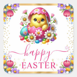 Pegatina Cuadrada Acuarela Flores de Primavera Pollito Feliz Pascua