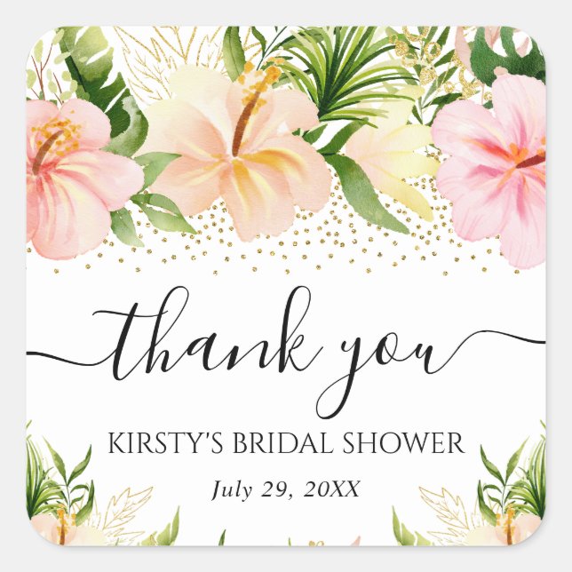 Pegatina Cuadrada Acuarela Flores Tropicales Rosa Ducha Bridal (Anverso)
