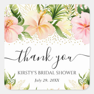 Pegatina Cuadrada Acuarela Flores Tropicales Rosa Ducha Bridal