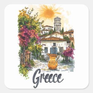 Pegatina Cuadrada Acuarela Grecia: Escena de aldea con flores