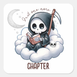 Pegatina Cuadrada Acuarela Grim Reaper Book Lover