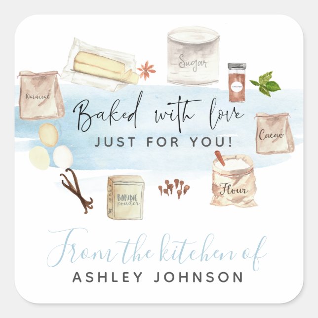 Pegatina Cuadrada Acuarela ilustrada horneada con amor (Anverso)
