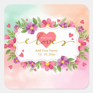 Pegatina Cuadrada Acuarela Lily Grace Floral "Hecho con Amor" Regalo