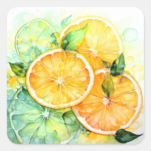 Pegatina Cuadrada Acuarela Limón Naranja Lima Botánica Cocina