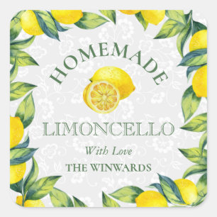 Pegatina Cuadrada Acuarela Limones Sicilianos Limoncello Casero
