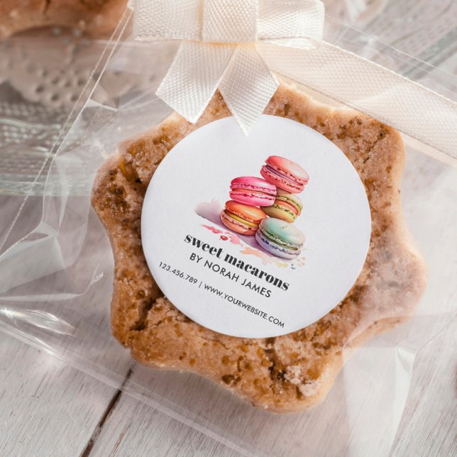 Pegatina Cuadrada Acuarela Macarons Sweet Cake WEBSITE (Watercolor stack of french macarons stickers with three lines of custome text for business name )