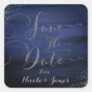 Pegatina Cuadrada Acuarela moderna azul confeti plateado fecha de gu