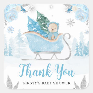 Pegatina Cuadrada Acuarela Monada Oso Azul de Invierno Baby Shower