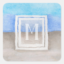 Pegatina Cuadrada Acuarela Monograma Mar y Arena Azul y Tan