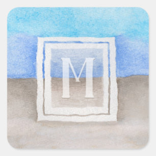 Pegatina Cuadrada Acuarela Monograma Mar y Arena Azul y Tan