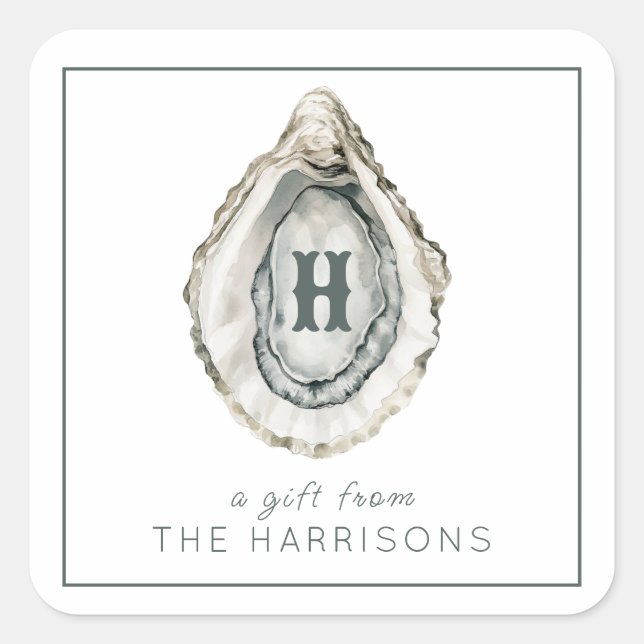 Pegatina Cuadrada Acuarela Monograma Ostrador Costero (Anverso)