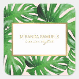 Pegatina Cuadrada Acuarela Monstera Tropical Patrón de hojas rosadas