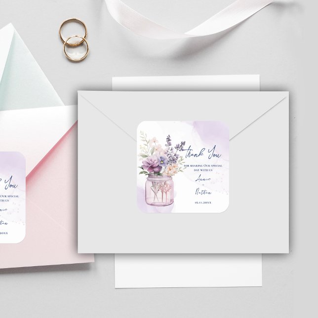 Pegatina Cuadrada Acuarela Morado Boda Floral Gracias (Watercolor Purple Floral Wedding Thank You Square Sticker)