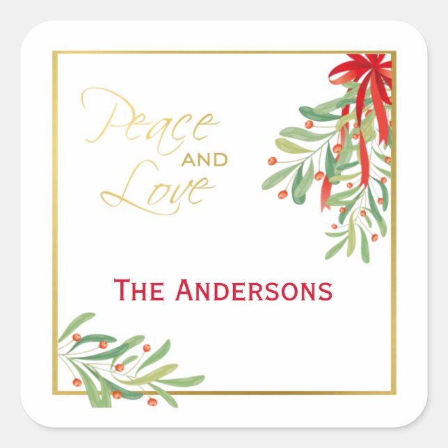 Pegatina Cuadrada Acuarela Muérdago y Oro | Fiesta Navideña (Anverso)