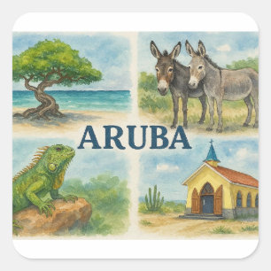 Pegatina Cuadrada Acuarela multivista de Aruba
