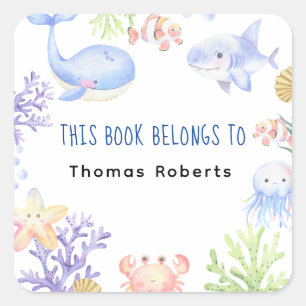 Pegatina Cuadrada Acuarela náutica - Ex libris de baby shower